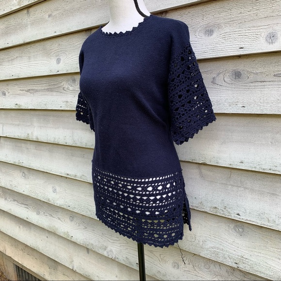 Vintage 90s Navy Blue Solid Print Crochet Trim Short Sleeve Knit Sweater Blouse - Picture 4 of 16
